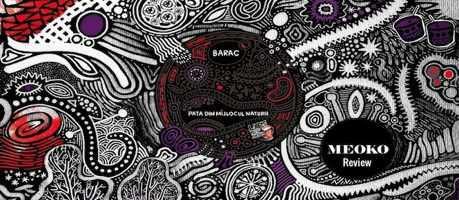 Dense black and white doodle art with red and purple accents, featuring text reading "BARAC" and "MEOKO Review".